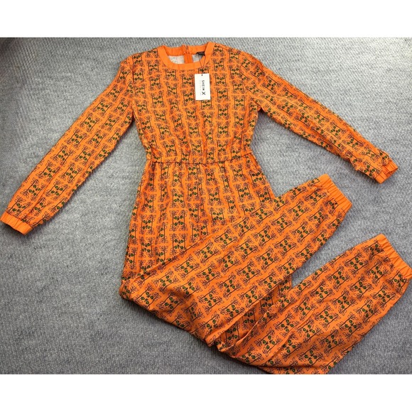 SHEIN Pants - SHEIN X Womens S Orange Floral Jumpsuit Long Sleeve Jogger NWT Botanical